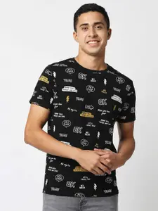 Pepe Jeans Men Black Printed Cotton Slim Fit T-shirt