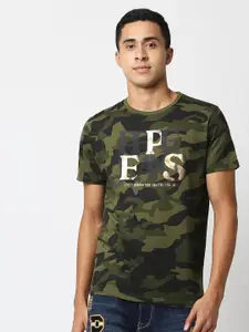 Pepe Jeans Men Olive Green Camouflage Printed Slim Fit T-shirt