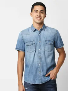 Pepe Jeans Men Blue Faded Western  Casual Shirt