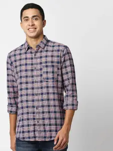 Pepe Jeans Men Navy Blue Tartan Checks Checked Cotton Linen Casual Shirt