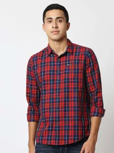 Pepe Jeans Men Navy Blue and Red Tartan Checks Checked Casual Shirt