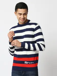Pepe Jeans Men Navy Blue & White Striped Pullover Sweater