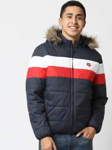 Pepe Jeans Men Navy Blue Red Colourblocked Puffer Jacket