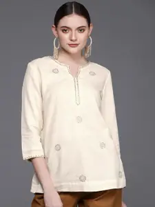 Fabindia Beige & Silver Floral Hand Embroidered Sequinned Pure Cotton Sequinned Kurti