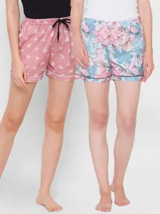 FashionRack Women Pack of 2 Blue & Peach Printed Lounge Shorts 109C/129C