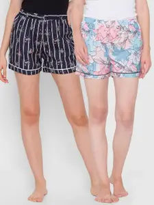 FashionRack Women Pack of 2 Blue & Navy Blue Printed Lounge Shorts 109C/148C