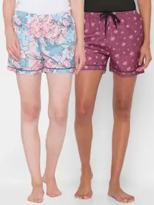 FashionRack Women Pack of 2 Blue & Purple Printed Lounge Shorts 109C/123C