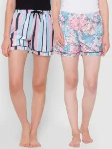 FashionRack Women Set of 2 Blue & Pink Printed Lounge Shorts