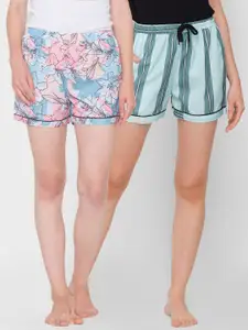 FashionRack Women Pack of 2 Blue & Pink Printed Lounge Shorts 109C/143C