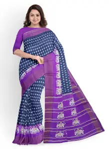SAADHVI Grey & Purple Kalamkari Zari Silk Blend  Bhagalpuri Saree