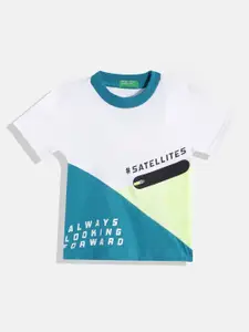 United Colors of Benetton Boys White & Teal Blue Colourblocked Pure Cotton T-shirt