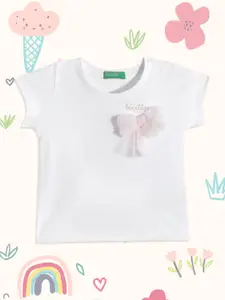 United Colors of Benetton Girls Off White & Pink Bow Applique Cotton T-shirt