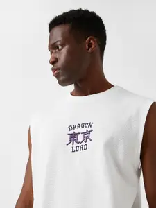 Koton White & Purple Typography Embroidered Pure Cotton Sleeveless T-shirt