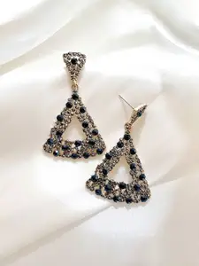 Unwind by Yellow Chimes Black Crystal Studded Geometric Drop Earrings