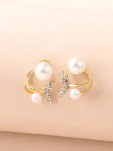 Unwind by Yellow Chimes Gold-Plated Leaf Design Pearl Stud Earrings