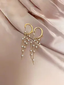 Yellow Chimes Gold Tone Earcuffs With Linear Pearl Studded Tassel Chain Earrings