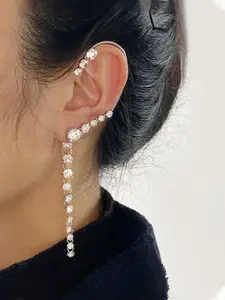 Yellow Chimes Women White & Silver-Toned Crystal Studded Non-Pierced Earrcuffs