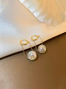 Yellow Chimes Women Gold Toned Small Hoop With Hanging Chain Pearl Drop Earrings