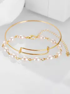 Yellow Chimes Women Gold Toned Pearl Beaded Multilayered Statement Bracelet