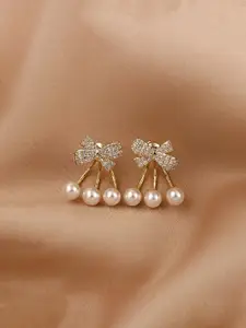 Yellow Chimes Gold-Toned Crystal Studded Bow Shaped Stud Pearl Drop Earrings