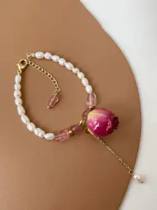 Yellow Chimes Yellow Chimes Women Gold Tone Pearl Beaded  Pink Rose Charm Hanging Adjustable Bracelet