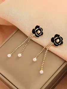 Yellow Chimes Black Flower Stud With Linear Chain Hanging Pearl Drop Dangler Earrings