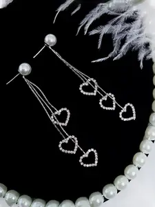 Yellow Chimes Silver Tone Triple Heart Hanging Dangler Earrings