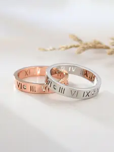 Yellow Chimes Women Pack of 2 Silver and Rose Gold Tone Roman Number Designed Couple Rings