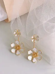 Yellow Chimes  Gold Tone White Double Drop Flower Earrings