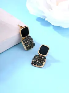 Yellow Chimes  Black Stone Studded Geometrical Stud Drop Earrings