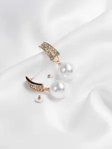 Yellow Chimes Gold Tone Contemporary Crystal Studded Pearl Hanging Drop Earrings