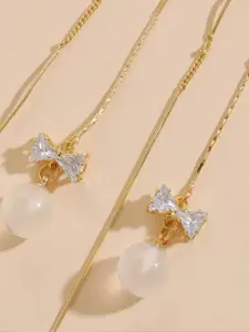 Yellow Chimes Women Gold-Toned Long Chain Tassel Bow Knot Shape Pearl Drop Earrings