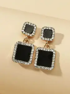 Yellow Chimes Black & Gold-Toned Crystal Rectangular Shape Stud Drop Earrings
