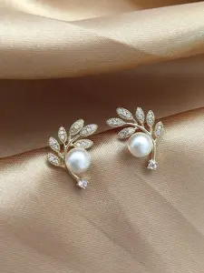 Yellow Chimes Gold Tone Leaflet Designed Pearl Stud Earrings