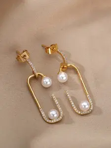 Yellow Chimes White & Gold-Plated Pin Shaped Pearl Beaded Drop Earrings