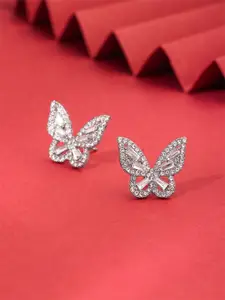 Yellow Chimes Silver-Plated Cystal Studded Butterfly Shape Stud Earrings