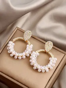 Yellow Chimes White &  Gold Tone Crystal Open Circle Pearl Embellished Drop Earrings