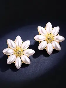 Yellow Chimes White Floral Pearl Stud Earrings