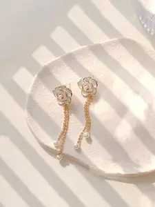 Yellow Chimes White Floral Stud With Linear Chain Hanging Pearl Drop Dangler Earrings