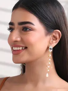 Yellow Chimes  Set of 2  Gold Tone Round Hoops and Crystal Studded Long Dangler Earrings