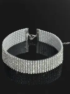 Yellow Chimes Silver-Toned & White Silver-Plated Statement Crystal Studded Choker Necklace