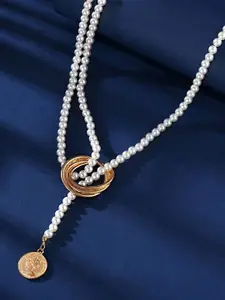 Yellow Chimes Gold-Toned & White Pearl Beaded Elegant Knot Designed Necklace