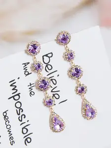 Yellow Chimes Gold Plated Purple Crystal Studded Dangler Earrings