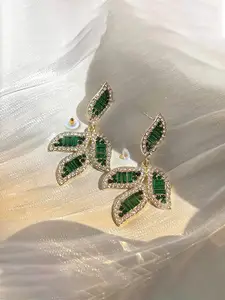 Yellow Chimes Green Gold-Plated Leaflet Designed Crystal Studded Drop Dangle Earrings