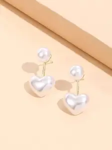 Yellow Chimes White Gold-Plated Heart Shape Pearl Studded Drop Earrings