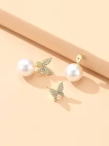 Yellow Chimes Gold-Plated & White Butterfly Shaped Crystal Studded Pearl Drop Earrings