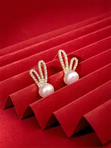 Yellow Chimes Gold-Toned Pearl Drop Crystal Studded Oval Shape Stud Earrings