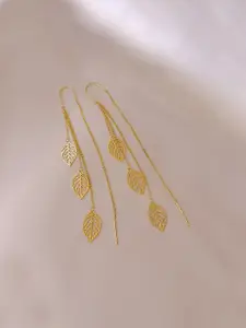 Yellow Chimes  Gold Tone Chain With Leaf Hanging Dangle Earrings
