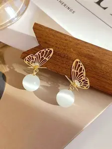 Yellow Chimes Gold-Toned & White Butterfly Stud With Pearl Drop Earrings