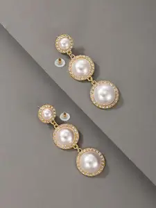 Yellow Chimes Gold-Tone Triple Round Pearl Drop Danglers Earrings